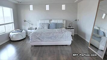 double booked house turns into wild foursome with teen girlfriends