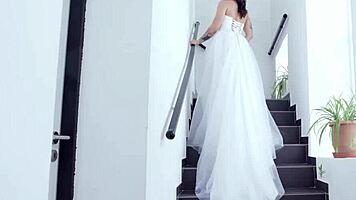 Can you believe slammed bride Lena Coxx takes 4on1 BBC with rough DAP and swallows cum?