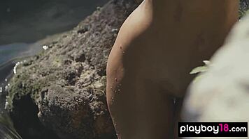 skinny brunette flashes wet pussy