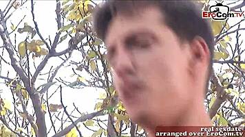 Brunette milf with small tits fucks outdoor