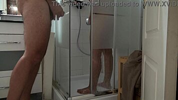 Stepson spies on stepmom’s morning shower, stroking hard.