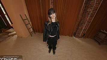 Cosplaying as skinny Furiosa, teen 18+ deepthroats monster cock in VR. Group scene includes missionary fucking.