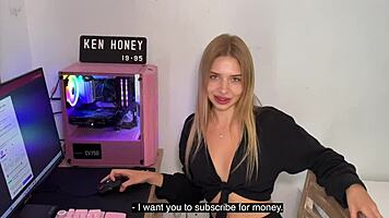 blonde friend teases playfully on outdoor camera for fun