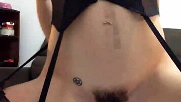 Skinny blonde teen rides big black dildo until cumming.