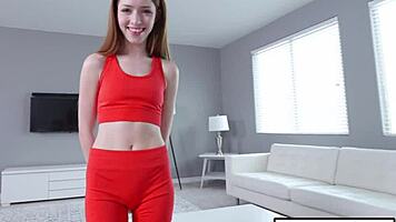 Stepbro dares skinny teen 18+ stepsister to ride his huge cock hard