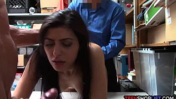 security guards catch a cute teen shoplifter and fuck her in the office.