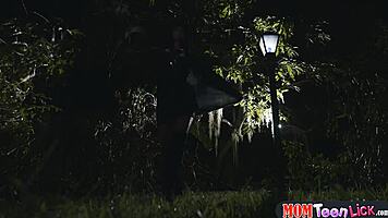 Teen and MILF lesbians use vibrator for Halloween sex.