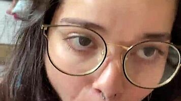 Nerdy brunette with natural tits and brown eyes gives deep blowjob to Wellington Prado's big cock in jeans shorts