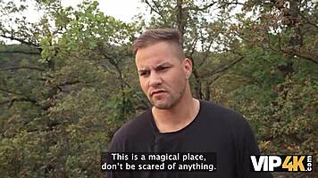 wow, young lady gets pounded by 2 huge cocks in forest while husband watches