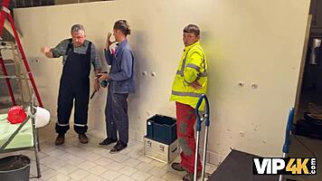 In the workplace, a beautiful teen 18+ experiences multiple orgasms as her boss fucks her shaved pussy outdoors