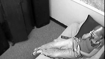 Blonde babe fingers herself on phone before sucking big dicks