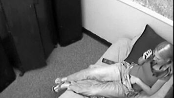 Blonde babe fingers herself on phone before sucking big dicks