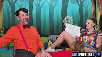 blonde milf & teen 18+ get free used on sesame street movie set 😈