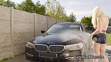 Busty bikini girlfriend wants attention after car wash