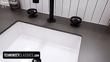 Naughty teen vixens in bikinis spit and ride stepdad's cock cowgirl style while stepmom's away