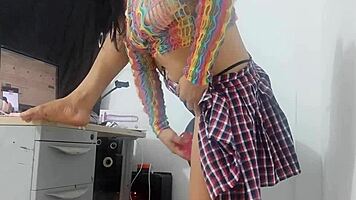 Sweet girl in miniskirt and fishnet stockings takes huge horse dildo oops