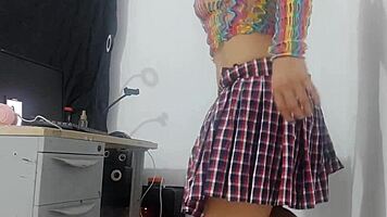 Sweet girl in miniskirt and fishnet stockings takes huge horse dildo oops