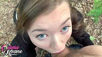 hot teen 18+ gives a steamy pov outdoor blowjob in public