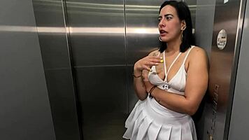 Latina milf neighbor bends over for young bbc guy in elevator, requesting creampie.