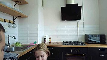 Blonde performs oral before preparing lunch