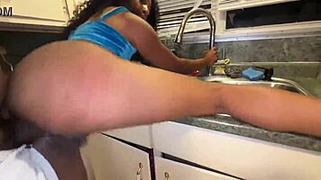 Hot ebony anal addicted teen 18+ fucks stepdad in the kitchen