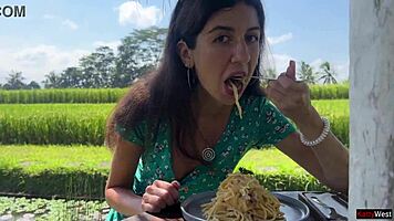 public cumwalk in cafe with sperm on face while eating pasta