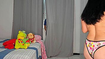 Father-in-law hides to see stepdaughter naked behind bedroom curtain.