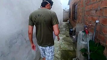 Fucking my slutty neighbor in a homemade outdoor scene.