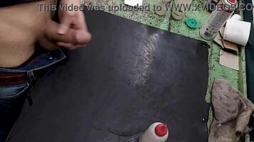 Masturbating Big Cock on Workbench at Work