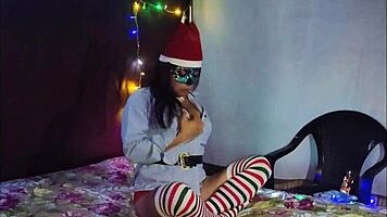 Beautiful Brunette Latina Touches Her Big Tits And Wet Vagina During Christmas Doggy Sex, Moaning Passionately