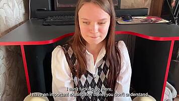 Stepdaughter Distracts Stepfather from Game. Sucks Dick Well with Deep Swallow in Dorm!