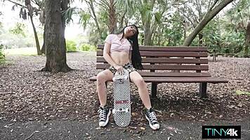 Skater girl performs tailslide on Kai's fat pipe, leading to intense riding and facial