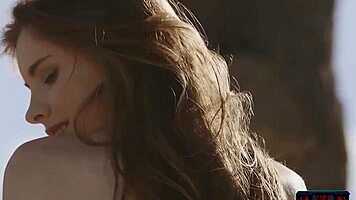 Petite Russian centerfold Kate Chromia strips outdoors, ripping clothes to reveal hairy pussy and tits.