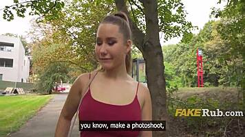 cute european girl with great knockers removes condom mid outdoor pickup for cash