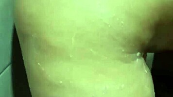 homemade sex with brunette babe in shower, big tits bouncing