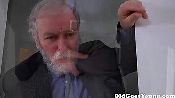 Old neighbor man passionately licks young girl's shaved pussy during christmas