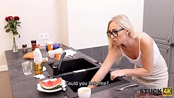 Sensual blonde babe in glasses needs help after wild kitchen blowjob incident! 😏🍑