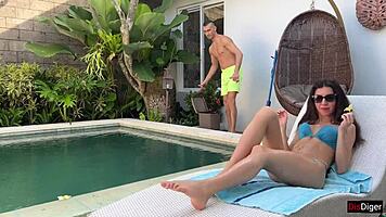 Skinny Housewife Fucks Pool Cleaner While Husband Away