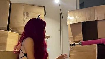 i'm a red haired teen beauty dancing sexy striptease then setting up sex machine with dildo in my mouth