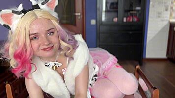 Blonde Cosplay Girl Submits In Stockings For Milk Play