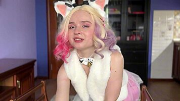 Blonde Cosplay Girl Submits In Stockings For Milk Play