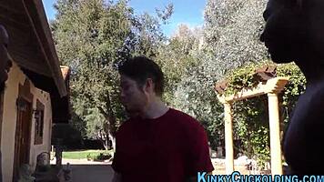 Teen cuckolds outdoors in interracial threesome with monster cock