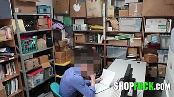 Strict security guard dominates black busty babe with blowjob and interracial fucking at work for stealing!