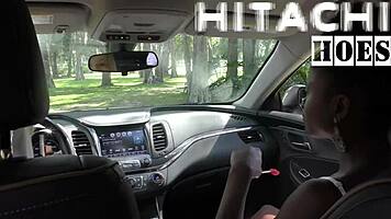 rina arem waits in the car and masturbates with her hitachi wand