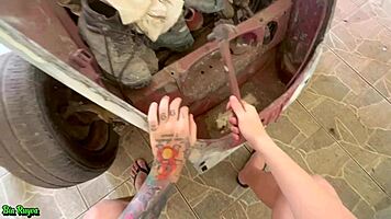The Redhead Fucks In The Fusca! Cuckold Watches Old Man Blowjob.