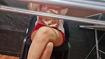 The risky spy camera captures beautiful secretary Nataly in upskirt shots at the university faculty.