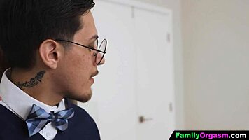 school teen rides her stuck father's cock in the kitchen for an orgasm