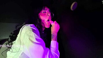 Brunette with Big Ass Takes Two Dicks in Glory Hole