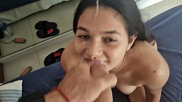 Brunette Latina Babe Gets Cum on Face from Big Cock Friend