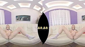 vr piss play and dildo fucking on the sofa with close-ups